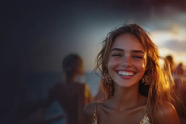 Lucky Vibe Casino Australia artwork: a laughing woman at a beach party Lucky Vibe Casino Australia artwork: a laughing woman at a beach party