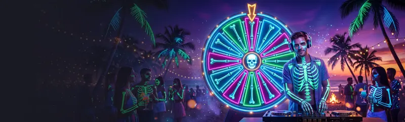 LuckyVibe Casino Bone Wheel artwork: a neon wheel of fortune at a beach party LuckyVibe Casino Bone Wheel artwork: a neon wheel of fortune at a beach party