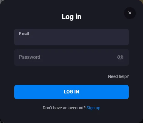 Lucky Vibe Casino login window with e-mail and password fields, Need help? link and Log In button Lucky Vibe Casino login window with e-mail and password fields, Need help? link and Log In button