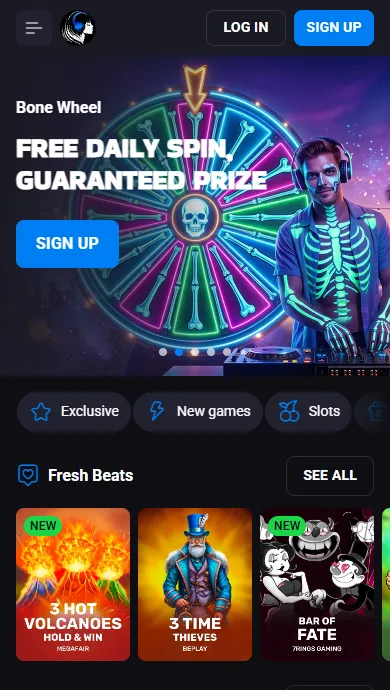 Lucky Vibe Casino lobby in a phone browser with the Bone Wheel banner and new slots Lucky Vibe Casino lobby in a phone browser with the Bone Wheel banner and new slots