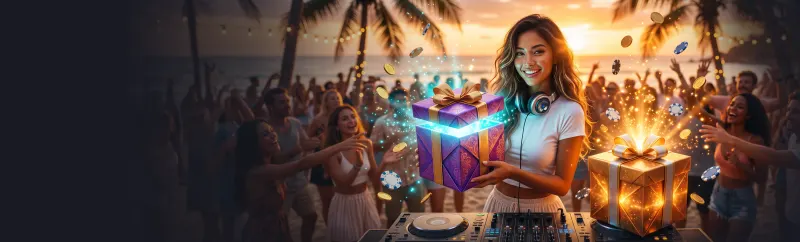 Lucky Vibe bonuses artwork: a DJ holding glowing gift boxes at a beach party Lucky Vibe bonuses artwork: a DJ holding glowing gift boxes at a beach party